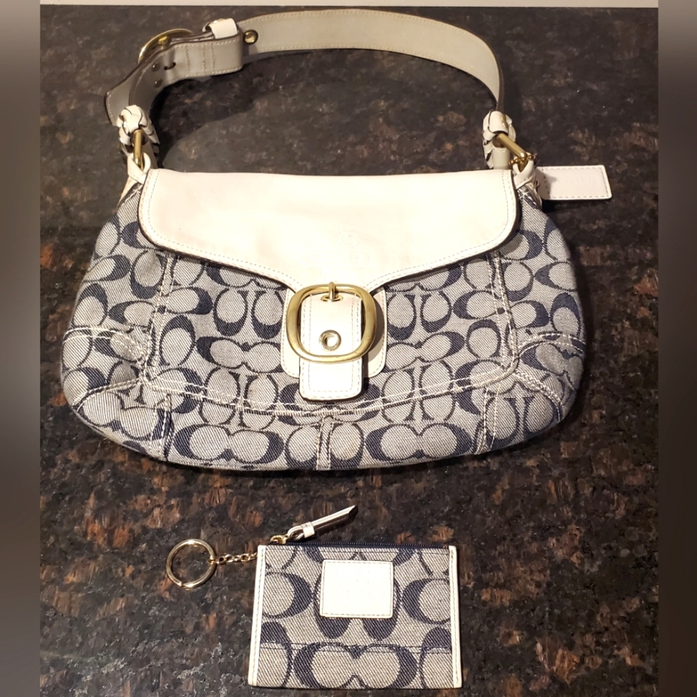 Coach Bleecker Denim Signature C White Leather Trim Flap Bag Satchel &Coin Purse